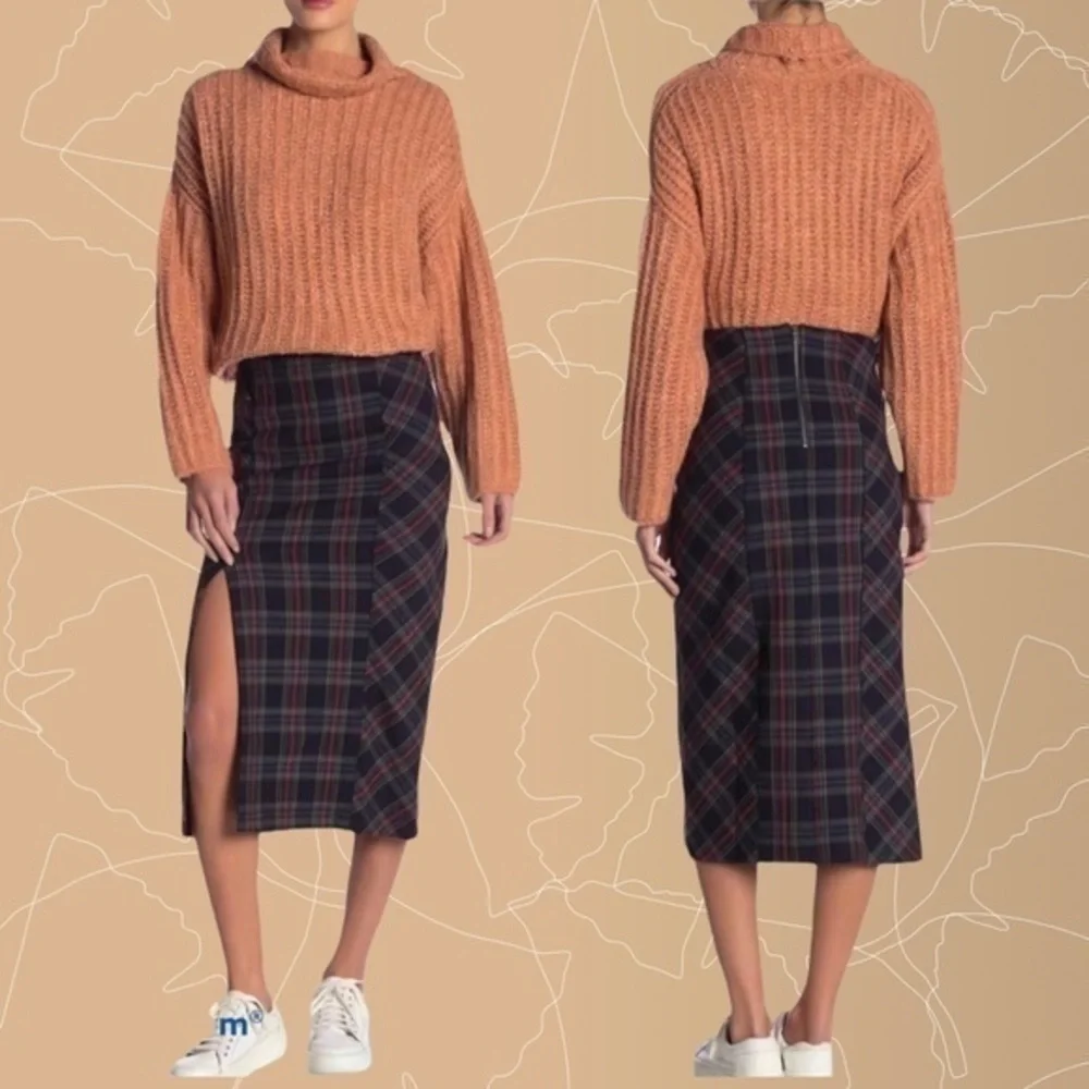 Free People Midi slit skirt plaid pattern